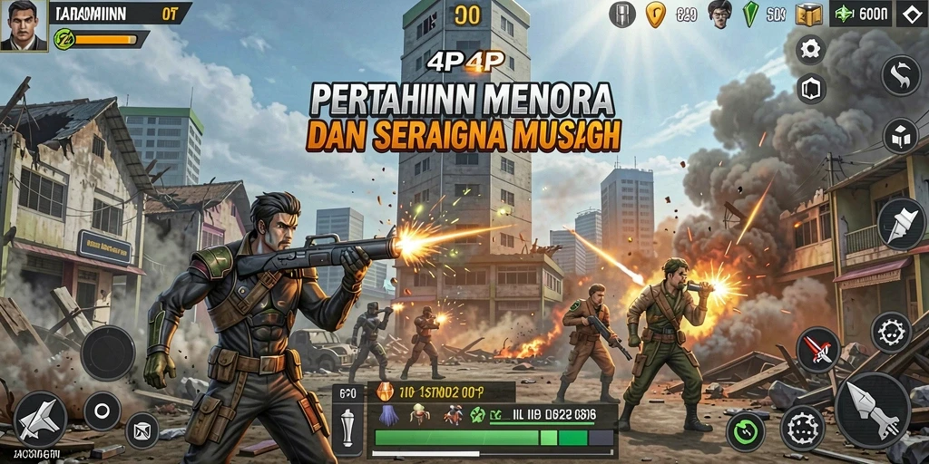 Tampilan gameplay seru dengan menara dan musuh di 4P4P.