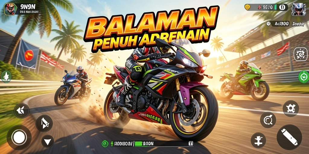 Screenshot 9N9N menampilkan aksi balapan motor yang mendebarkan.