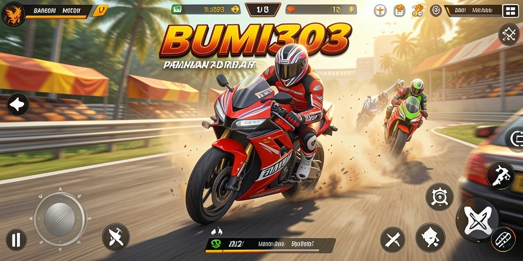 Screenshot gameplay BUMI303 menunjukkan balapan motor yang mendebarkan.
