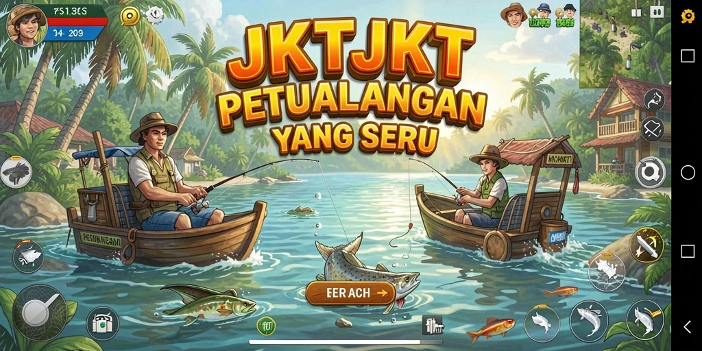 Screenshot gameplay JKTJKT menampilkan aksi memancing yang mendebarkan.