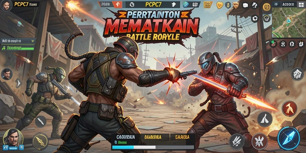 Screenshot gameplay PCPC7 menampilkan pertarungan intens di arena Battle Royale.