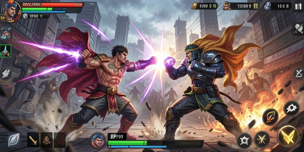 Tampilan gameplay seru dari RP99 saat karakter bertarung dengan gerakan spektakuler.